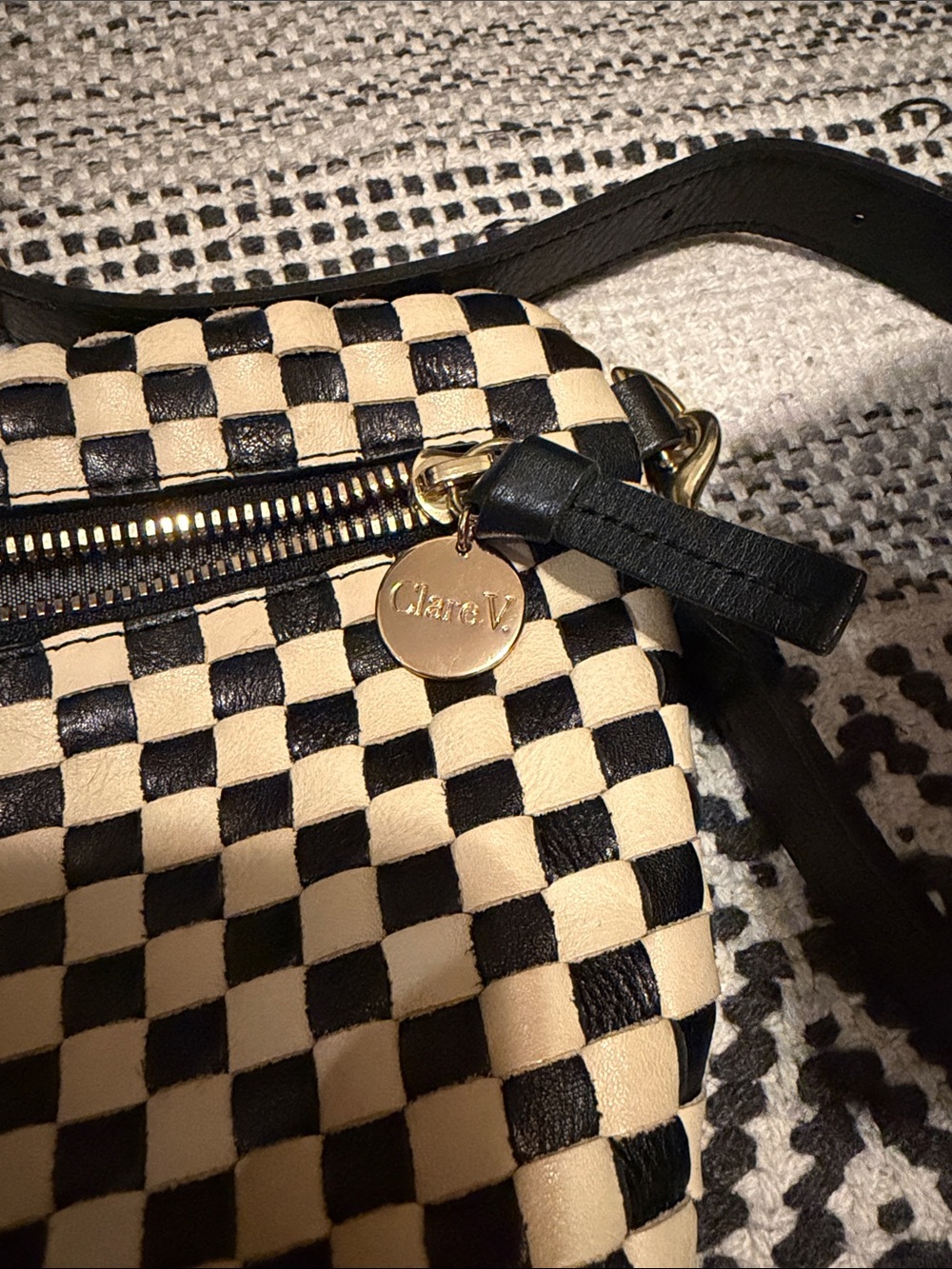 Checkerboard Black and Cream Shoulder Bag with Adjustable Strap - Picture 11 of 11